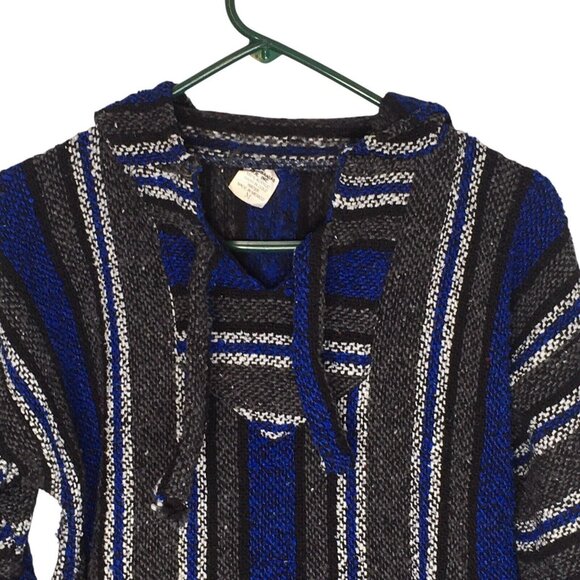 Artesanias Baja Mexican Blanket Pullover Poncho Hoodie Surfer Blue Drug Rug Sz M - Picture 3 of 10